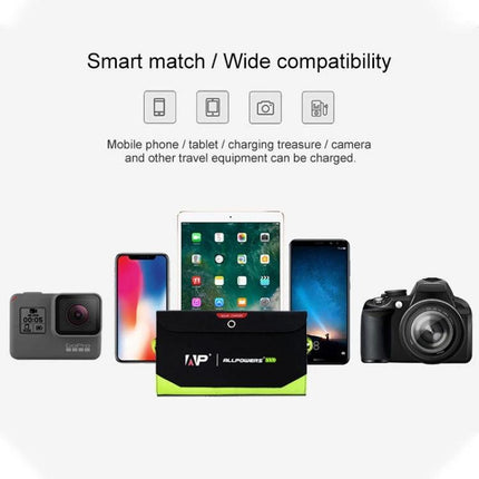 ALLPOWERS Foldable Waterproof Solar Charger for Portability charging phones tablets cameras on outdoor trip