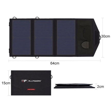 ALLPOWERS Foldable Waterproof Solar Charger for Portability showing folded and unfolded dimensions and 4-panel design