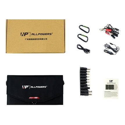 ALLPOWERS Foldable Waterproof Solar Charger for Portability with carry case, connectors, carabiners and adapter tips
