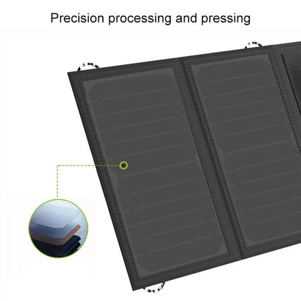 ALLPOWERS Foldable Waterproof Solar Charger for Portability showing three-panel foldable solar array with waterproof fabric and precision processing