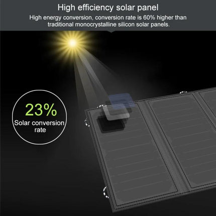 ALLPOWERS Foldable Waterproof Solar Charger for Portability showing folded solar panels with sunbeam and 23% solar conversion rate