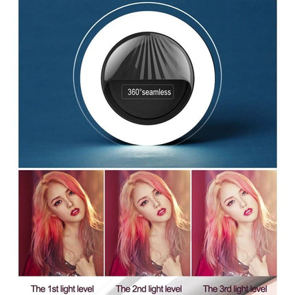 Versatile Clip-On Light for Daily Selfies and Social Media showing clip-on ring light with 3 brightness levels and sample selfie results