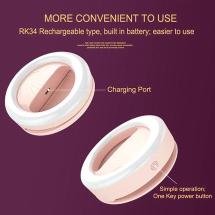 Versatile Clip-On Light for Daily Selfies and Social Media - pink rechargeable ring light with charging port and one-key power button, shown clipped to phone