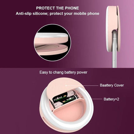 Versatile Clip-On Light for Daily Selfies and Social Media showing pink clip, anti-slip silicone, and removable battery compartment