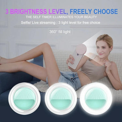 Versatile Clip-On Light for Daily Selfies and Social Media showing three brightness levels and 360° fill light clipped to phone