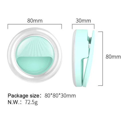 Versatile Clip-On Light for Daily Selfies and Social Media showing front and side dimensions 80mm x 80mm x 30mm, mint color, clip design