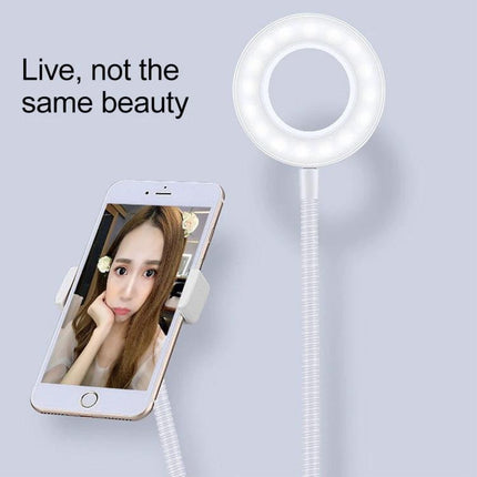 Clip-On Phone Holder with Lights for Everyday Live Streaming showing phone in holder and ring light enhancing selfie video quality