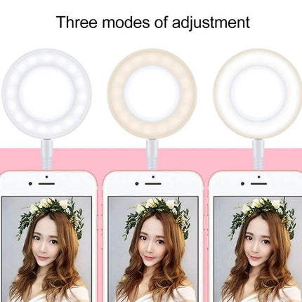 Clip-On Phone Holder with Lights for Everyday Live Streaming showing three ring light modes clipped to phones for selfies and live streaming