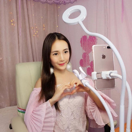 Clip-On Phone Holder with Lights for Everyday Live Streaming showing a woman using ring light and flexible mount for stable phone video calls and streaming