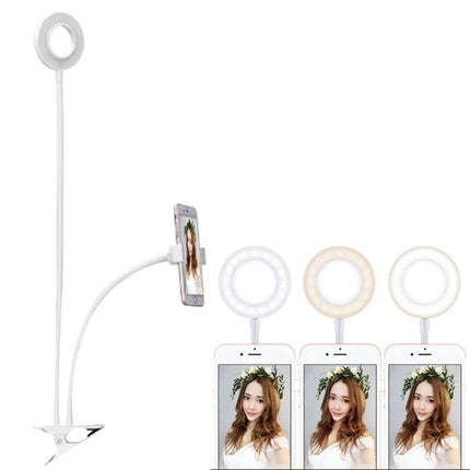 Clip-On Phone Holder with Lights for Everyday Live Streaming showing white clip, flexible arm and adjustable ring light for video calls and content creation