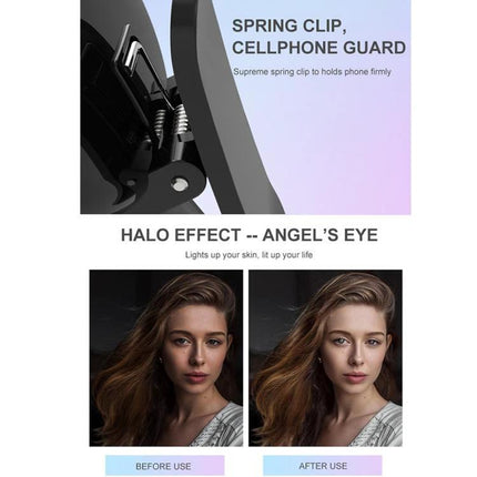 Compact Phone Light for Daily Video Calls and Social Media - clip-on halo effect showing before and after portrait lighting