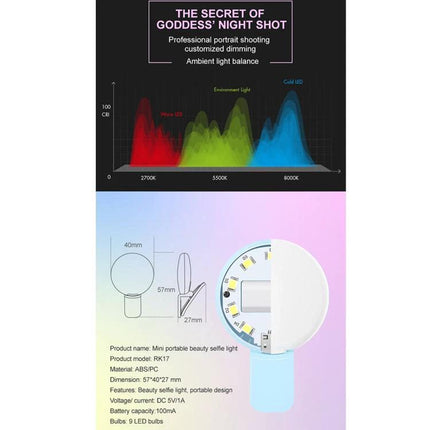 Compact Phone Light for Daily Video Calls and Social Media - portable clip-on selfie light showing spectrum, dimensions and specs