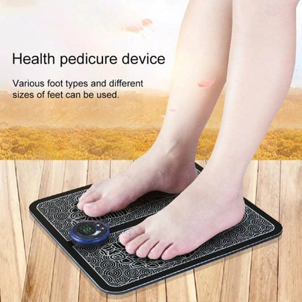 EMS Micro-Current Smart Foot Pad for Daily Foot Massage showing feet on compact black pad with control unit and textured surface for home foot therapy