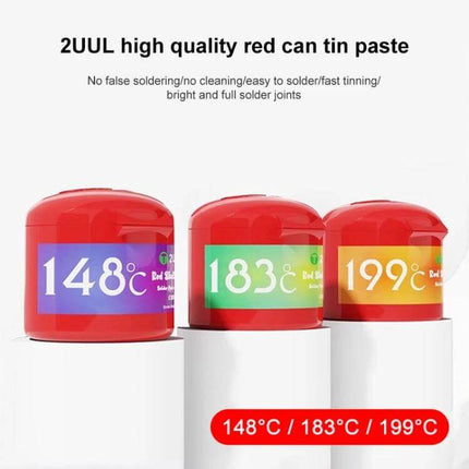 SNK Solder Paste For Electronics Repair, Low-Temp Tin Ointment - three red tins labeled 148°C 183°C 199°C for mobile and PCB repair