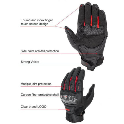 SOMAN Sheepskin Motorcycle Gloves With Anti Slip Grip showing touchscreen tips, anti-fall palm, carbon fiber protection and strong Velcro