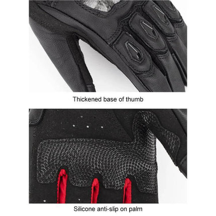 SOMAN Sheepskin Motorcycle Gloves With Anti Slip Grip close-up showing thickened thumb base and silicone anti-slip palm with carbon fiber protection
