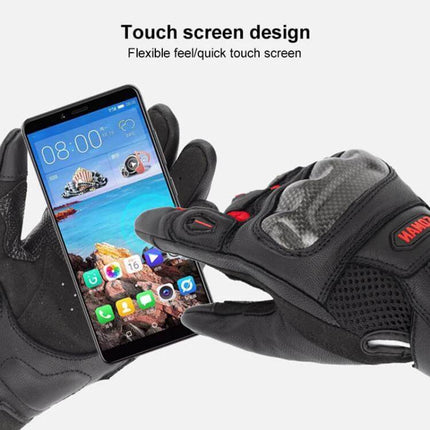 SOMAN Sheepskin Motorcycle Gloves With Anti Slip Grip showing touchscreen compatibility and carbon fiber protection