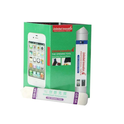 Unlimited Innovation Professional Metal Crowbar for Device Repair shown with packaging and opening tools for smartphone and laptop repairs