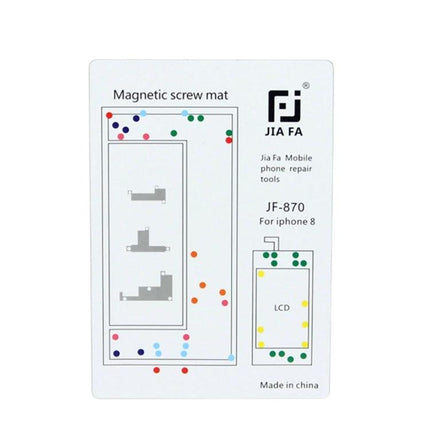 JIAFA Magnetic Mat for iPhone 8 Screw Organization showing color-coded sections and screw placement on white magnetic repair mat