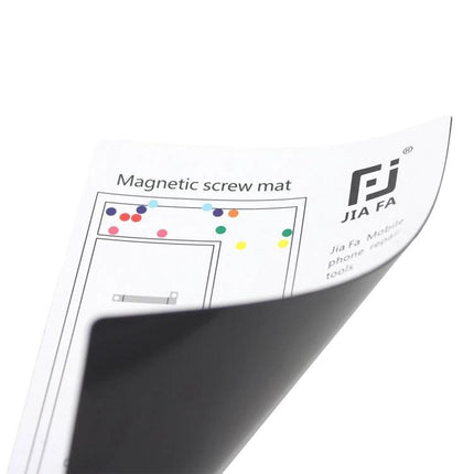 JIAFA Magnetic Mat for iPhone 8 Screw Organization showing color-coded magnetic screw mat with scattered screws and JIAFA logo