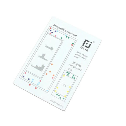 JIAFA Magnetic Mat for iPhone 8 Screw Organization showing color-coded magnetic screw placement and labeled sections for easy iPhone 8 repair