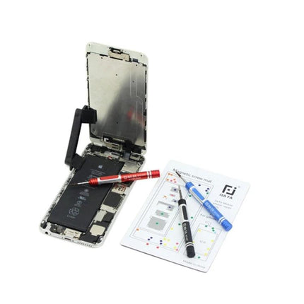 JIAFA Magnetic Mat for iPhone 8 Screw Organization showing color-coded magnetic mat next to opened iPhone 8 and screwdrivers