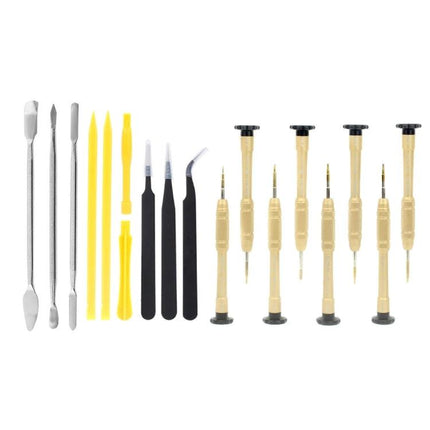 JIAFA 18-in-1 Repair Tool Set for Mobile Phones with Bag - 18-piece precision screwdrivers, spudgers, tweezers and pry tools neatly arranged