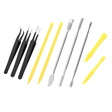 JIAFA 18-in-1 Repair Tool Set for Mobile Phones with Bag showing tweezers spudgers and pry tools in black and yellow