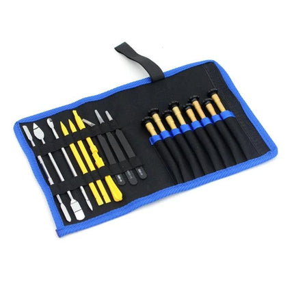 JIAFA 18-in-1 Repair Tool Set for Mobile Phones with Bag open case showing tweezers spudgers and precision screwdrivers