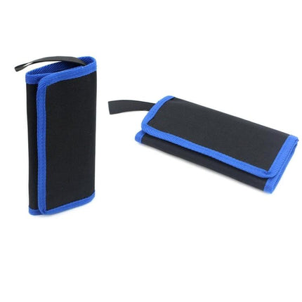 JIAFA 18-in-1 Repair Tool Set for Mobile Phones with Bag — black neoprene tool pouch with blue trim, folded and rolled views