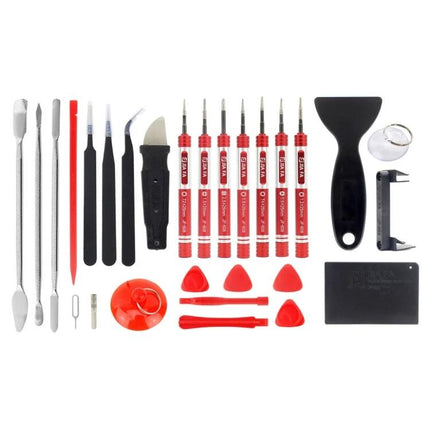 JIAFA 28-in-1 Repair Tool Kit for Electronics and Devices showing screwdrivers, spudgers, pry tools, suction cup and assorted repair accessories