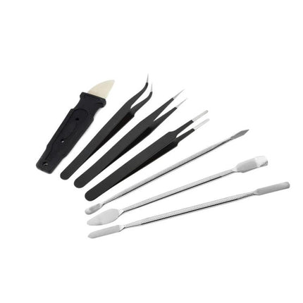 JIAFA 28-in-1 Repair Tool Kit for Electronics and Devices close-up of tweezers, spudgers and metal pry tools for phone and laptop repair