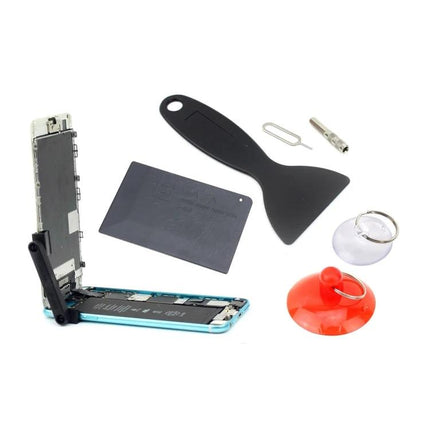 JIAFA 28-in-1 Repair Tool Kit for Electronics and Devices showing pry tools, suction cups, sim ejector and phone opened for screen repair