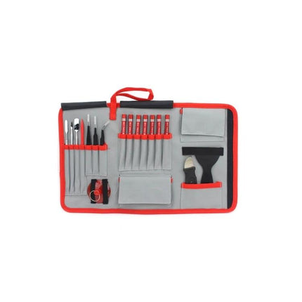 JIAFA 28-in-1 Repair Tool Kit for Electronics and Devices open pouch showing screwdrivers, tweezers, spudgers and pry tools for phone and laptop repair