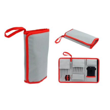 JIAFA 28-in-1 Repair Tool Kit for Electronics and Devices gray red zippered tool organizer pouch with compartments for screwdrivers and bits
