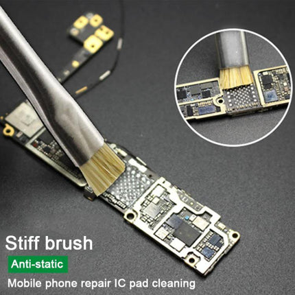 Double-Head Anti-Static Brush for Electronics Cleaning used to gently remove dust from circuit boards and motherboards during mobile phone repair