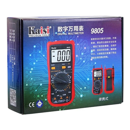 Kaisi Auto-Ranging Digital Multimeter for Electrical Projects packed box with red multimeter and digital display showing 000