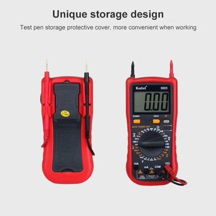 Kaisi Auto-Ranging Digital Multimeter for Electrical Projects with red casing, probes stored on back and clear digital display