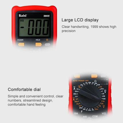 Kaisi Auto-Ranging Digital Multimeter for Electrical Projects showing large LCD display and comfortable dial for measuring voltage current and capacitance