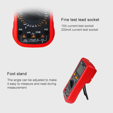 Kaisi Auto-Ranging Digital Multimeter for Electrical Projects showing fine test lead sockets and adjustable foot stand