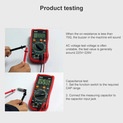 Kaisi Auto-Ranging Digital Multimeter for Electrical Projects showing hands testing voltage and capacitance on a red digital multimeter