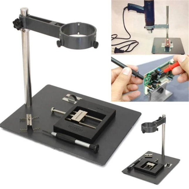 Hot Air Gun Clamp Bracket For Rework Soldering Station mounted on PCB workbench holding hot air gun and helping hands for SMD rework