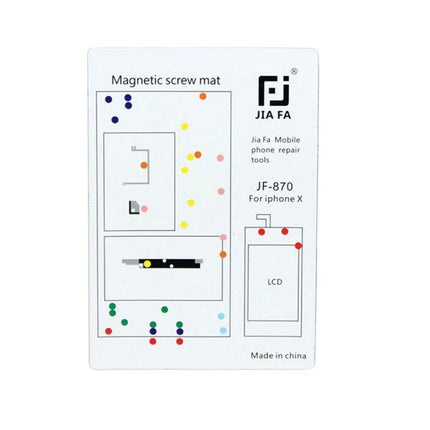 JIAFA Magnetic Mat for Organizing iPhone X Screws showing color-coded magnetic screw positions labeled JF-870