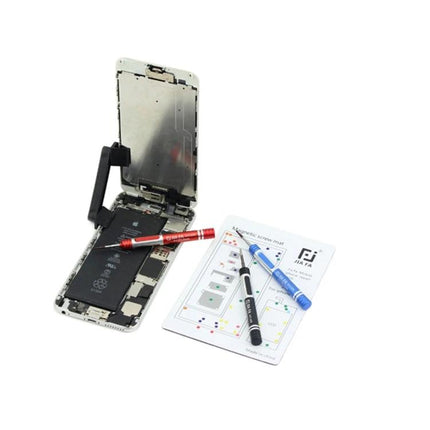 JIAFA Magnetic Mat for Organizing iPhone X Screws shown with disassembled iPhone X, color-coded magnetic screw mat and tools