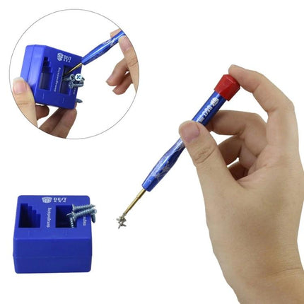 BEST Magnetizer Demagnetizer Tool for Screwdriver Tips in use with screwdriver tip picking up screws, compact blue magnetizer/demagnetizer