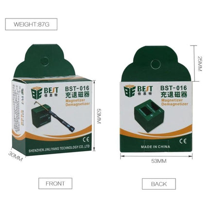 BEST Magnetizer Demagnetizer Tool for Screwdriver Tips compact BST-016 box showing front and back views
