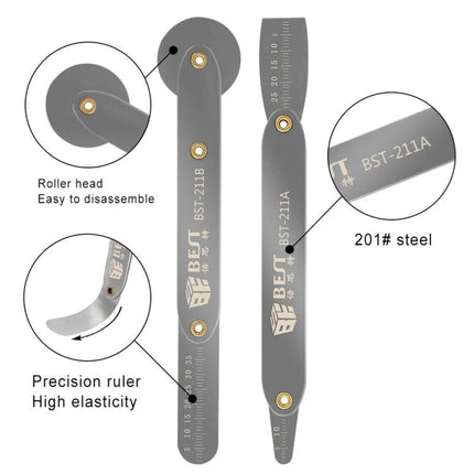 BEST Universal Metal Pry Tool for Mobile Phone Disassembly gray double-ended metal pry tool with roller head and precision ruler