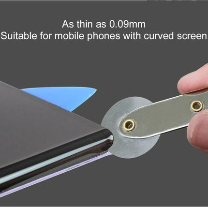 BEST Universal Metal Pry Tool for Mobile Phone Disassembly showing thin metal pry blade and pick opening a curved smartphone screen (0.09mm)