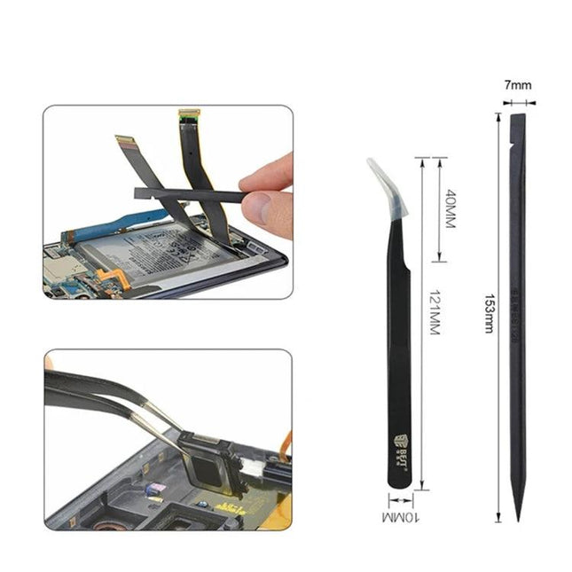 BEST Professional 9-in-1 Disassembly Tool Kit for Samsung Smartphones showing precision tweezers and pry tool used to lift flex cables and components