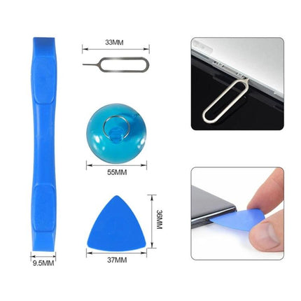 BEST Professional 9-in-1 Disassembly Tool Kit for Samsung Smartphones showing blue pry tools, suction cup, SIM ejector and guitar-pick opening tools
